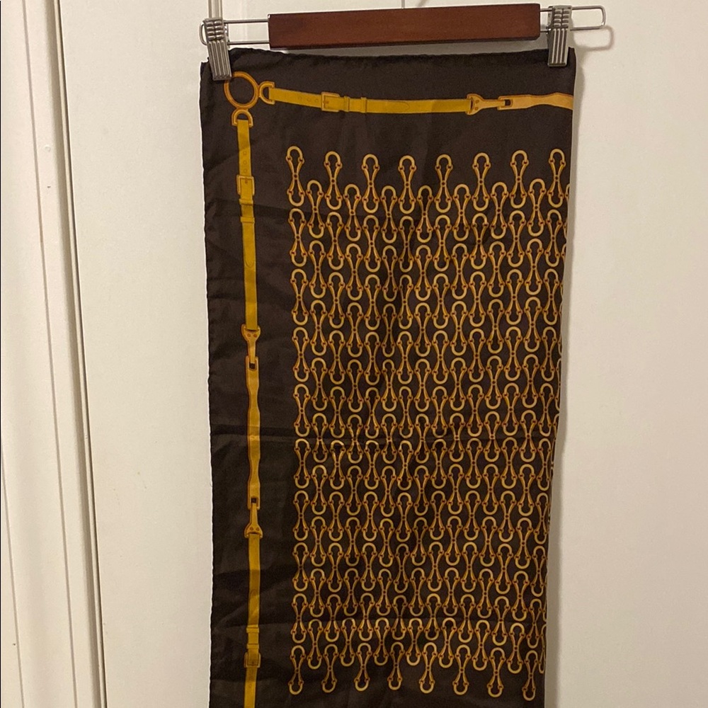 Gucci Brown 100%. silk Scarf with Gold Accents
